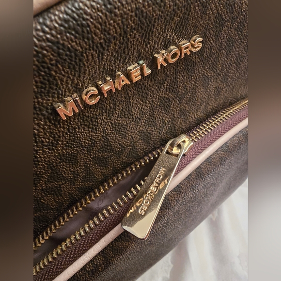 MICHAEL KORS Brown Coated Canvas Monogram Print Medium Backpack